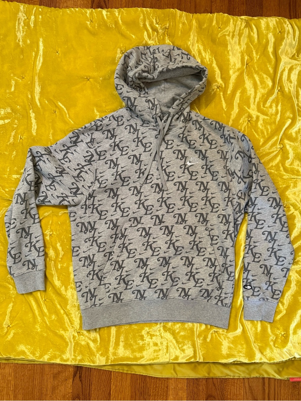 Nike- Men's Grey Hoodie with All-Over Logo- SMALL